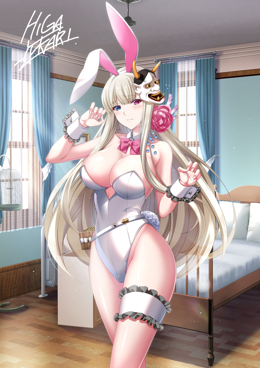 animal_ears artist_name bed bed_sheet bow bowtie curtains higa_yukari highres open_window original playboy_bunny rabbit_ears rabbit_girl rabbit_tail signature tail window