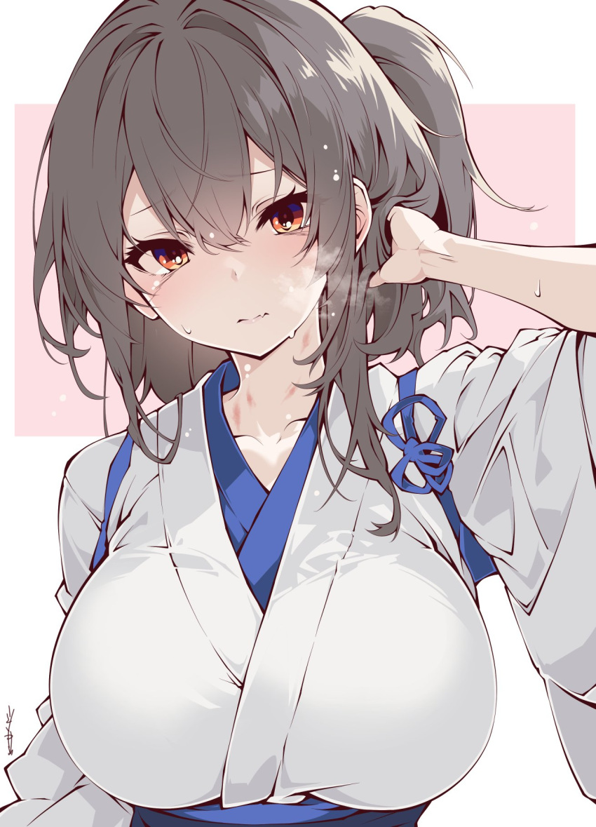 1girl breasts brown_eyes brown_hair closed_mouth collarbone hair_between_eyes highres japanese_clothes kaga_(kancolle) kantai_collection large_breasts long_hair nontraditional_miko sakakiba_misogi side_ponytail solo upper_body wide_sleeves