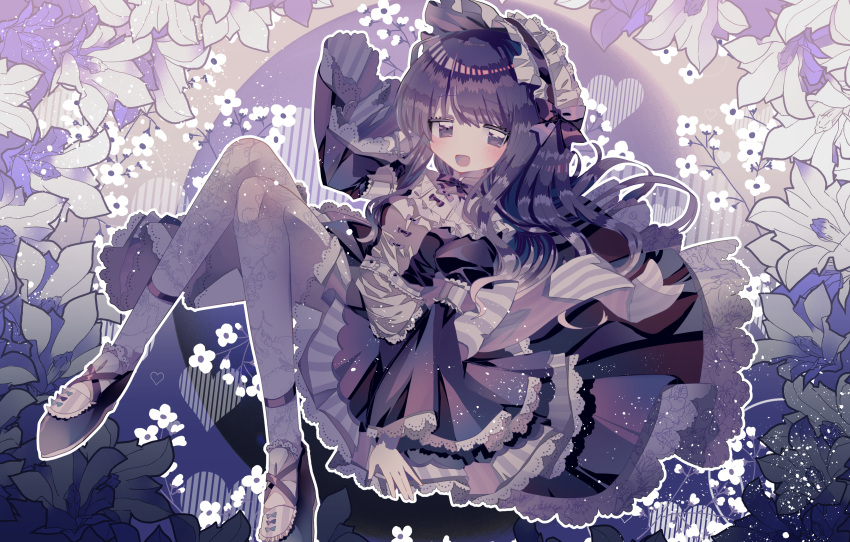 1girl absurdres black_footwear bow breasts dress floral_print flower highres ikurumi_umika juliet_sleeves lace-trimmed_dress lace-trimmed_sleeves lace_trim long_hair long_sleeves maid_headdress open_mouth original pantyhose puffy_sleeves purple_bow purple_dress purple_eyes purple_hair purple_theme small_breasts smile solo usagi_nui white_flower white_pantyhose