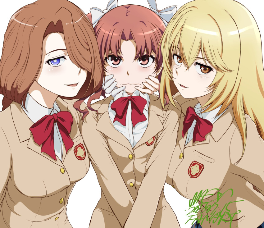 3girls artist_name blonde_hair blush bow bowtie braid breast_pocket breasts brown_eyes brown_hair brown_jacket collared_shirt commentary_request crossed_arms emblem face_grab girl_sandwich gloves hair_intakes hair_over_one_eye hand_on_another's_cheek hand_on_another's_face highres jacket kamino_(toaru_kagaku_no_mental_out) large_breasts leaning_on_person long_hair long_sleeves looking_at_viewer mac-v medium_breasts multiple_girls open_mouth parted_bangs pocket purple_eyes red_bow red_bowtie ribbon sandwiched school_emblem school_uniform shirai_kuroko shirt shokuhou_misaki signature simple_background small_breasts smile star-shaped_pupils star_(symbol) swept_bangs symbol-shaped_pupils toaru_kagaku_no_mental_out toaru_kagaku_no_railgun toaru_majutsu_no_index tokiwadai_school_uniform twintails unhappy wavy_mouth white_background white_gloves white_ribbon winter_uniform yellow_eyes