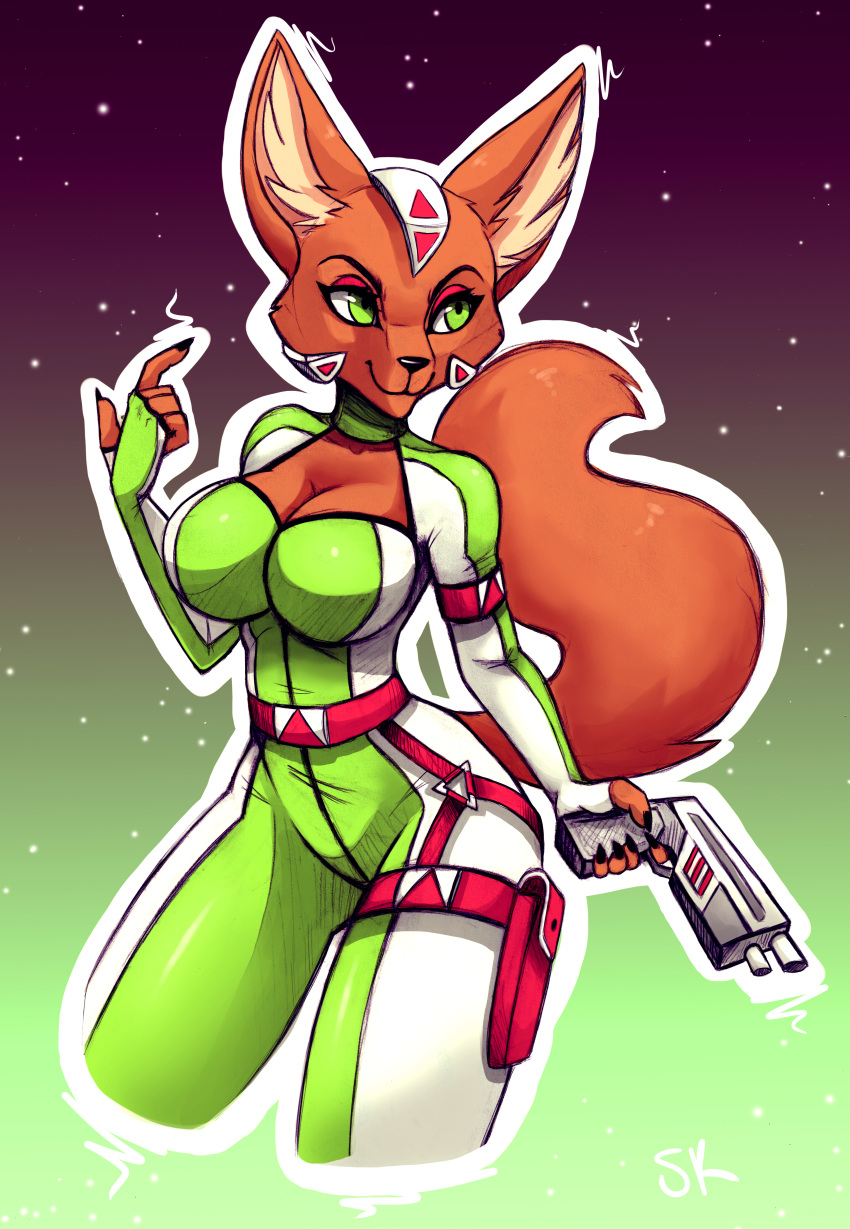 2023 absurd_res anthro belt big_breasts black_nose bodysuit breasts brown_body brown_fur canid canine cleavage_cutout clothing eyebrows eyelashes fara_phoenix female fennec fox fur green_eyes gun headgear hi_res holster inner_ear_fluff mammal naaraskettu nintendo ranged_weapon skinsuit smile solo star_fox tight_clothing tuft weapon