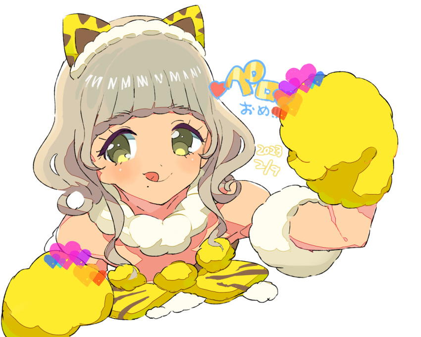 1girl animal_ears animal_hands animal_print bare_shoulders brown_hair cat_ears commentary_request cropped_torso curly_hair fake_animal_ears fur_collar gloves hairband hand_up heart idol_clothes looking_at_viewer moudoku_(decopon3rd) paw_gloves pretty_series pripara short_hair simple_background smile solo taiyo_pepper tiger_print tongue tongue_out translation_request upper_body white_background yellow_eyes yellow_hairband