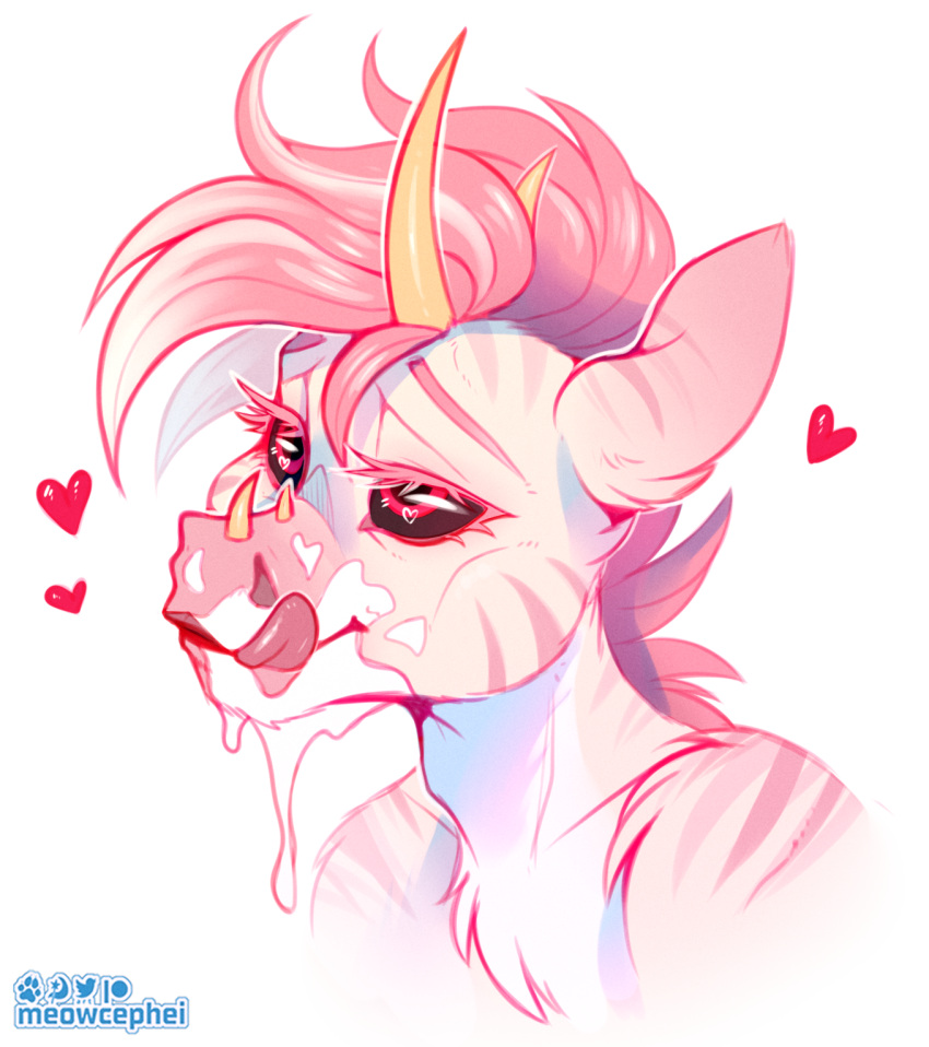 anthro aroused bodily_fluids cum cum_on_face equid equine fluffy fluffy_chest genital_fluids hair hi_res horn licking licking_lips male mammal meowcephei oxe pink_eyes pink_hair portrait solo tongue tongue_out unicorn unicorn_horn