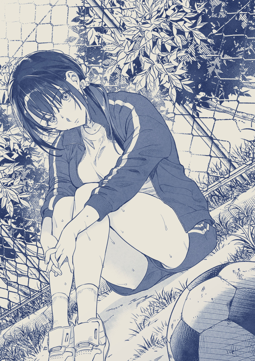 1girl absurdres ball black_hair breasts chain-link_fence dutch_angle fence grass greyscale hair_between_eyes hair_over_shoulder hajirau_kimi_ga_mitainda highres honjou_kaho jersey large_breasts long_hair looking_at_viewer mole mole_under_mouth monochrome on_grass shorts sitting soccer soccer_ball soccer_uniform sportswear sweat traditional_media uma_raclette