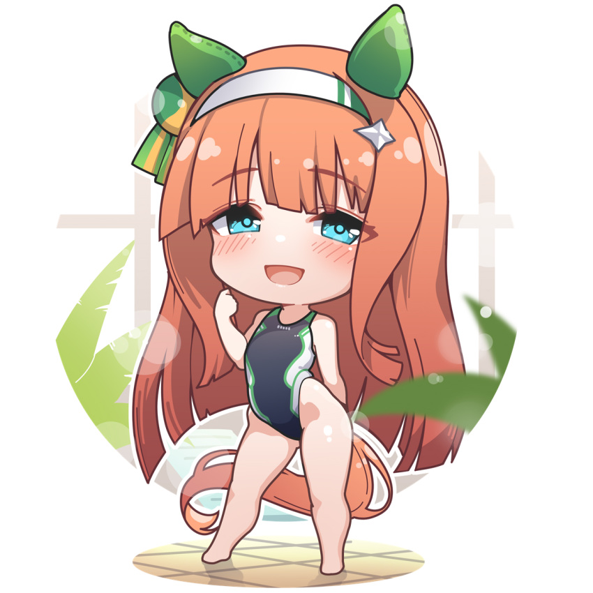 1girl animal_ears aqua_eyes bangs bare_legs bare_shoulders barefoot black_one-piece_swimsuit blurry blurry_foreground blush chibi commentary ear_covers full_body hair_ornament hairband highleg highleg_swimsuit highres horse_ears horse_girl horse_tail long_hair looking_at_viewer one-piece_swimsuit orange_hair plant silence_suzuka_(umamusume) smile solo standing swimsuit tail thighs tile_floor tiles umamusume very_long_hair warashi white_hairband window