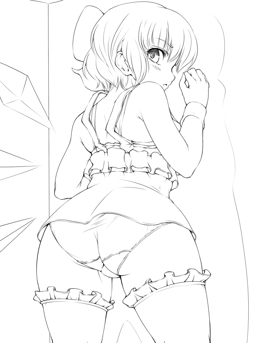 1girl ass bow cirno commentary_request detached_wings dress frilled_thighhighs frills from_behind greyscale hair_bow haseru_(ginku_mh) highres ice ice_wings looking_at_viewer looking_back monochrome panties short_hair solo thighhighs touhou underwear wings