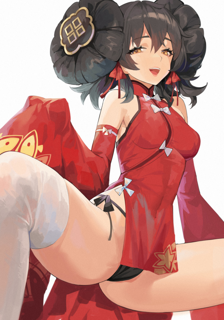 1girl :d bare_shoulders black_hair black_panties braid breasts brown_eyes covered_navel detached_sleeves doughnut_hair_bun dress girls'_frontline hair_bun henz highres long_hair long_sleeves looking_at_viewer medium_breasts open_mouth panties red_dress sleeves_past_fingers sleeves_past_wrists smile solo spread_legs squatting thighhighs twin_braids type_97_(girls'_frontline) underwear white_thighhighs