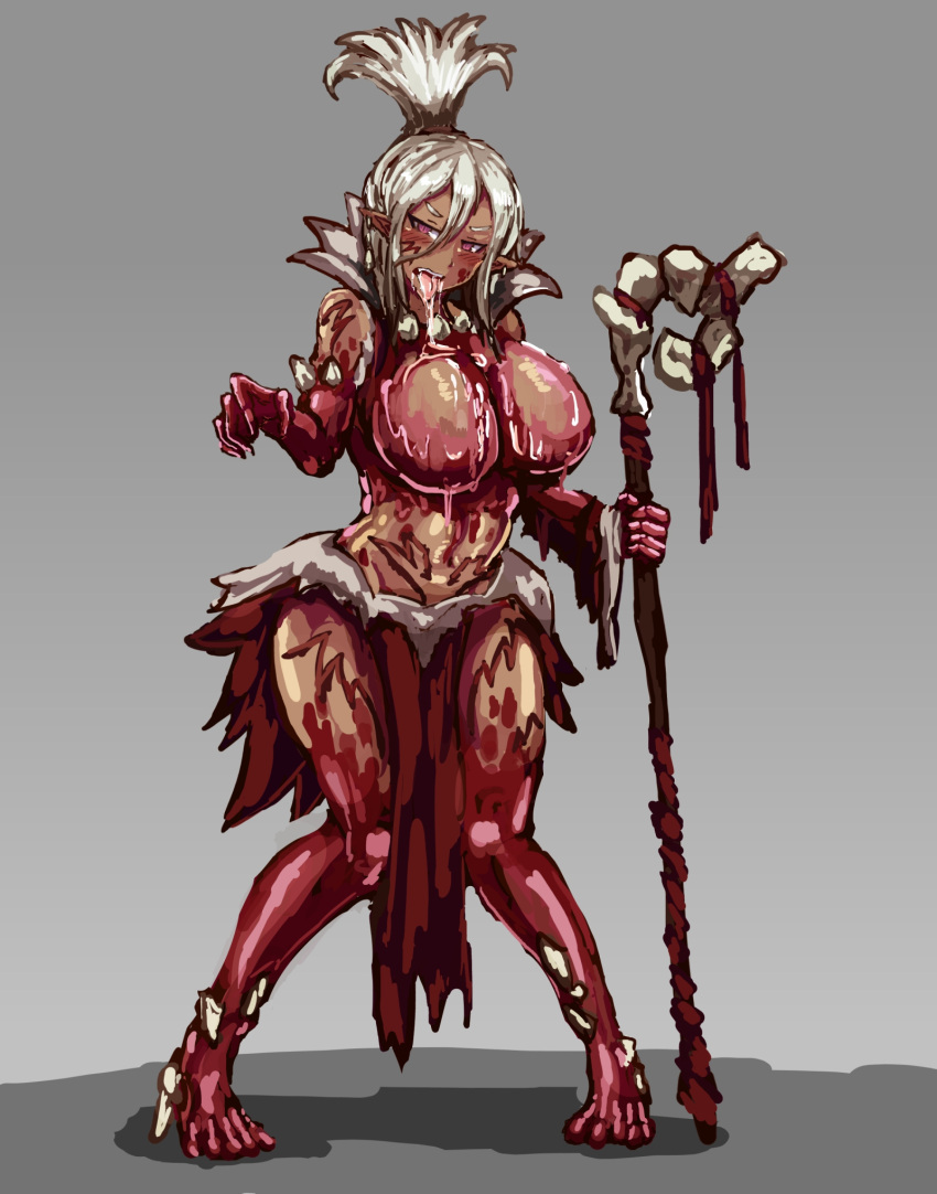 big_breasts blush blush_lines bodily_fluids bottomwear breasts clothing dark_body dark_skin drooling facial_markings female ghoul ghoul_(mge) grey_background hair head_markings hi_res holding_cane huge_breasts humanoid humanoid_pointy_ears koburatuisut loincloth markings monster_girl_(genre) monster_girl_encyclopedia open_mouth organic_high_heels pupils purple_eyes red_body saliva simple_background slit_pupils solo thick_thighs tongue tongue_out undead white_hair wide_hips