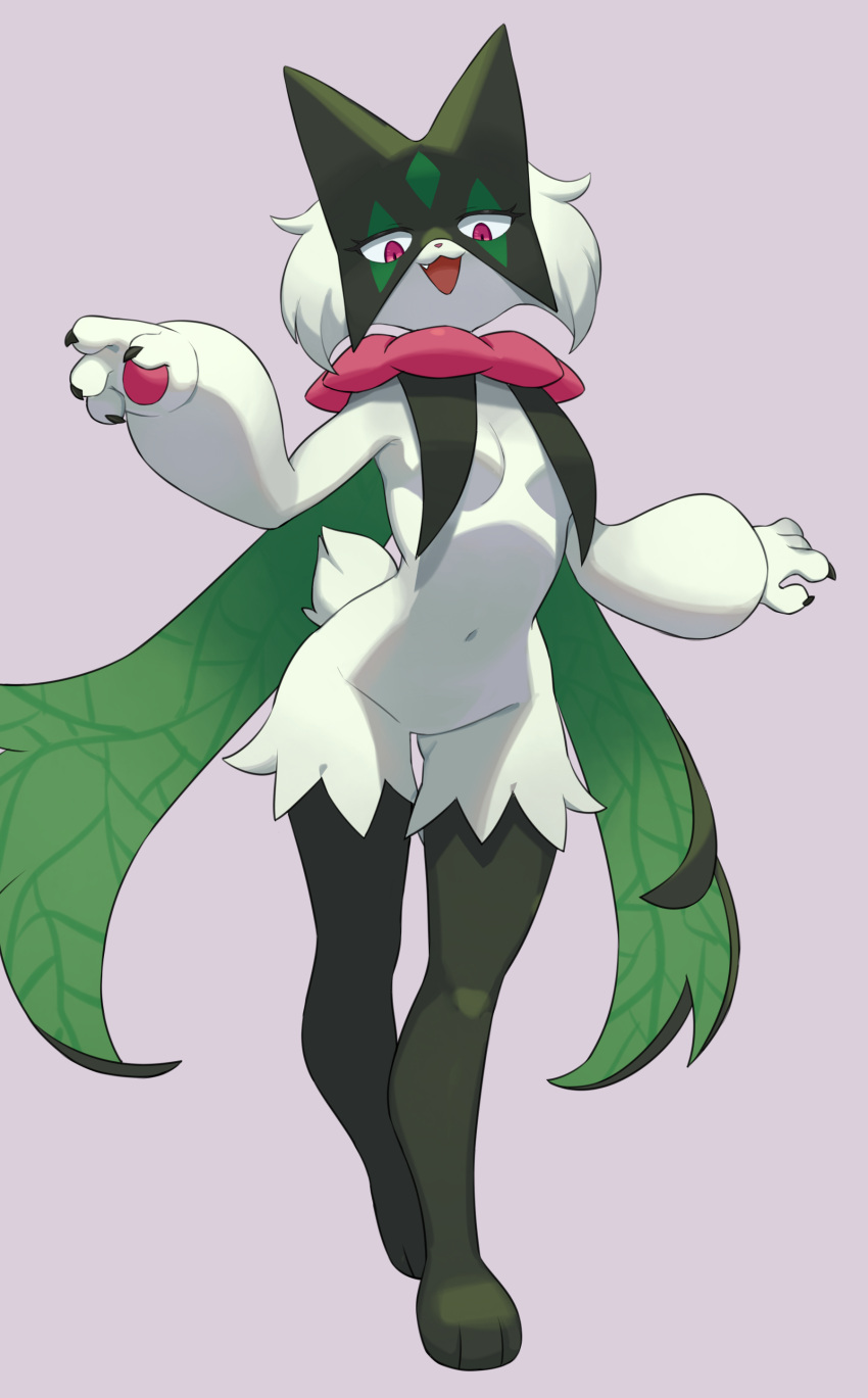 absurd_res anthro big_breasts blush breasts felid feline female fingers flowerpigeon73 fur generation_9_pokemon genitals green_body green_fur hi_res mammal meowscarada nintendo pokemon pokemon_(species) pseudo_clothing pseudo_thigh_highs pussy simple_background smile solo thick_thighs