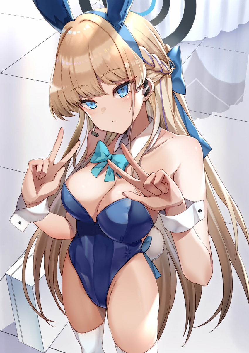 1girl animal_ears aqua_bow aqua_bowtie bare_shoulders blonde_hair blue_archive blue_eyes blue_hairband blue_leotard bow bowtie breasts detached_collar double_v earpiece fake_animal_ears fake_tail hairband halo highleg highleg_leotard highres leotard long_hair looking_at_viewer medium_breasts official_alternate_costume playboy_bunny rabbit_ears rabbit_tail solo strapless strapless_leotard tail thighhighs toki_(blue_archive) toki_(bunny)_(blue_archive) v white_thighhighs white_wrist_cuffs wrist_cuffs yu_ni_t