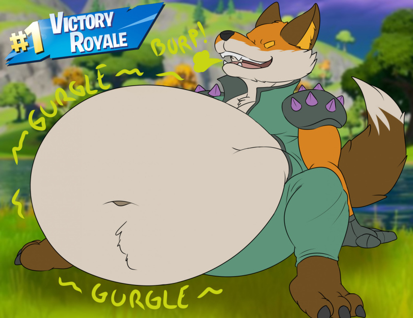 anthro belly big_belly brown_ears brown_tail burp_cloud burping camp14 canid canine clothing epic_games fennix_(fortnite) fortnite fox fur gloves grass handwear hi_res male mammal open_mouth open_smile paws plant rumbling_stomach sitting smile soft_vore solo tail tan_body tan_fur text vore yellow_sclera