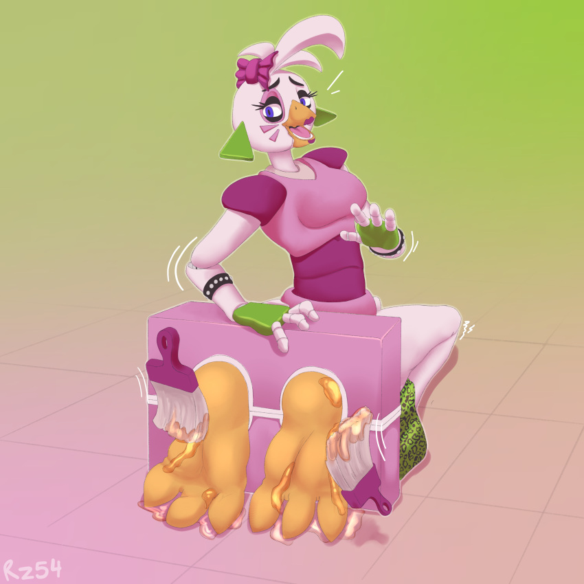 1:1 absurd_res animatronic anthro beak bound chica_(fnaf) clothed clothing eyelashes feet_tied female five_nights_at_freddy's gradient_background hi_res kneeling machine open_mouth pink_body pink_clothing purple_eyes robot rz54 scottgames signature simple_background solo tickling tickling_feet yellow_beak