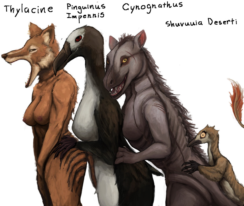 anon2000000 anthro areola avian beak bird black_body black_feathers black_nose black_stripes bottomless bottomless_anthro bottomless_female breasts butt butt_grab claws clothed clothing cynognathus dasyuromorph digital_media_(artwork) ear_tuft facial_tuft feathers female female/female fur group hand_on_butt hand_on_hip hands_covering_crotch head_tuft hi_res looking_at_viewer mammal marsupial multicolored_body multicolored_fur neck_tuft nipples nude nude_anthro open_mouth orange_body orange_fur penguin pupils raised_tail red_eyes shuvuuia side_boob side_view simple_background small_pupils smile smiling_at_viewer smirk smirking_at_viewer spikes spikes_(anatomy) standing striped_body striped_fur stripes tail teeth thylacine tuft white_body white_feathers white_fur yellow_eyes