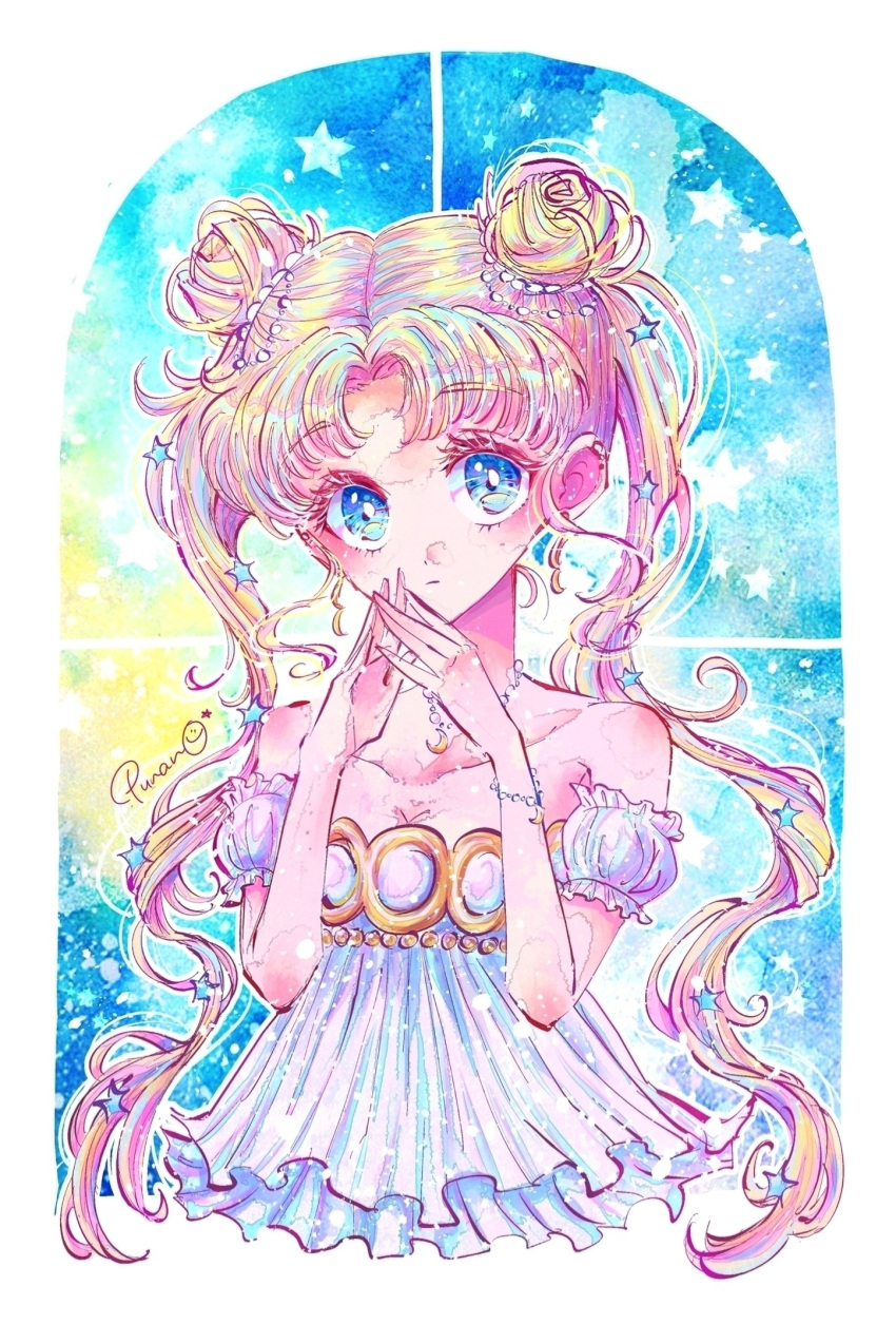 bishoujo_senshi_sailor_moon blonde_hair blue_eyes blue_sky double_bun dress hair_bun highres parted_bangs princess_serenity punano sky tsukino_usagi twintails white_dress