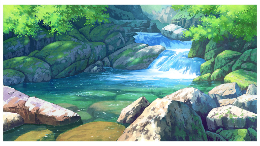 border branch hariken highres leaf nature no_humans original river riverbank rock shadow sunlight tree water waterfall white_border