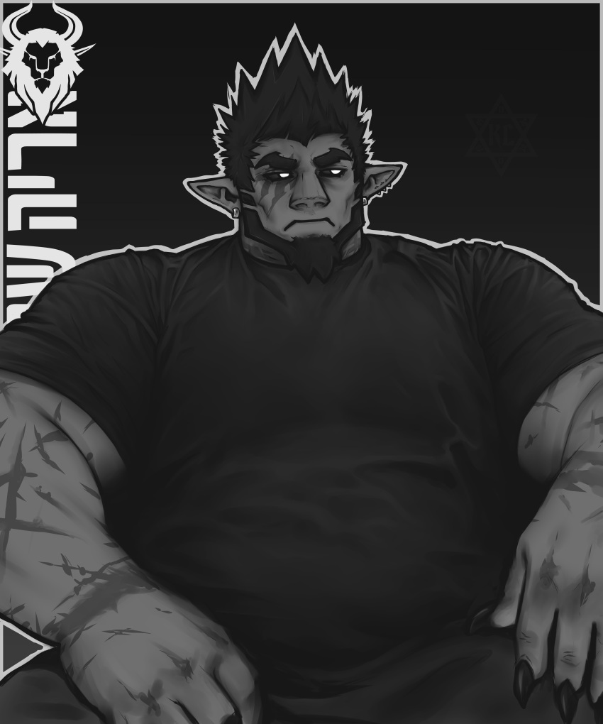 1boy absurdres arms_at_sides bara beard belly black_sclera black_theme brusi_(iixblacklionxii) colored_sclera demon_boy facial_hair feet_out_of_frame fingernails highres iixblacklionxii large_hands large_pectorals looking_to_the_side male_focus mature_male muscular muscular_male original pectorals pointy_ears scar scar_on_arm sharp_fingernails shirt short_hair sitting solo strongman_waist t-shirt thick_eyebrows