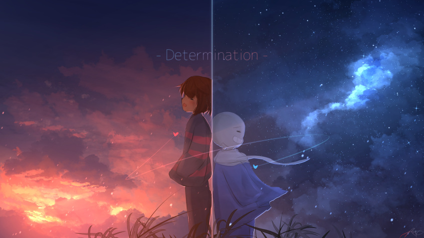 1boy 1other back-to-back brown_hair chinese_commentary cloud commentary_request english_commentary english_text frisk_(undertale) grass heart highres long_sleeves mixed-language_commentary outdoors rune_xiao sans scenery shirt short_hair signature sky star_(sky) starry_sky striped striped_shirt sunset undertale