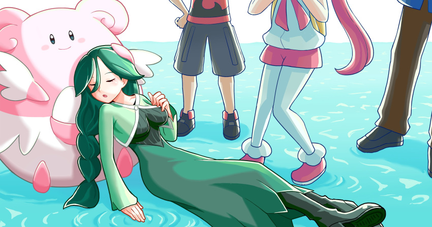 2boys 2girls backpack bag blissey blue_jacket boots braid breasts brown_pants buck_(pokemon) cheryl_(pokemon) commentary ffccll green_hair green_jacket green_skirt highres jacket long_hair long_sleeves mira_(pokemon) multiple_boys multiple_girls pants pantyhose pink_footwear pink_shorts pokemon pokemon_(creature) pokemon_(game) pokemon_dppt ribbed_shirt riley_(pokemon) ripples shirt shoes shorts single_braid skirt sleeping white_shirt yellow_bag