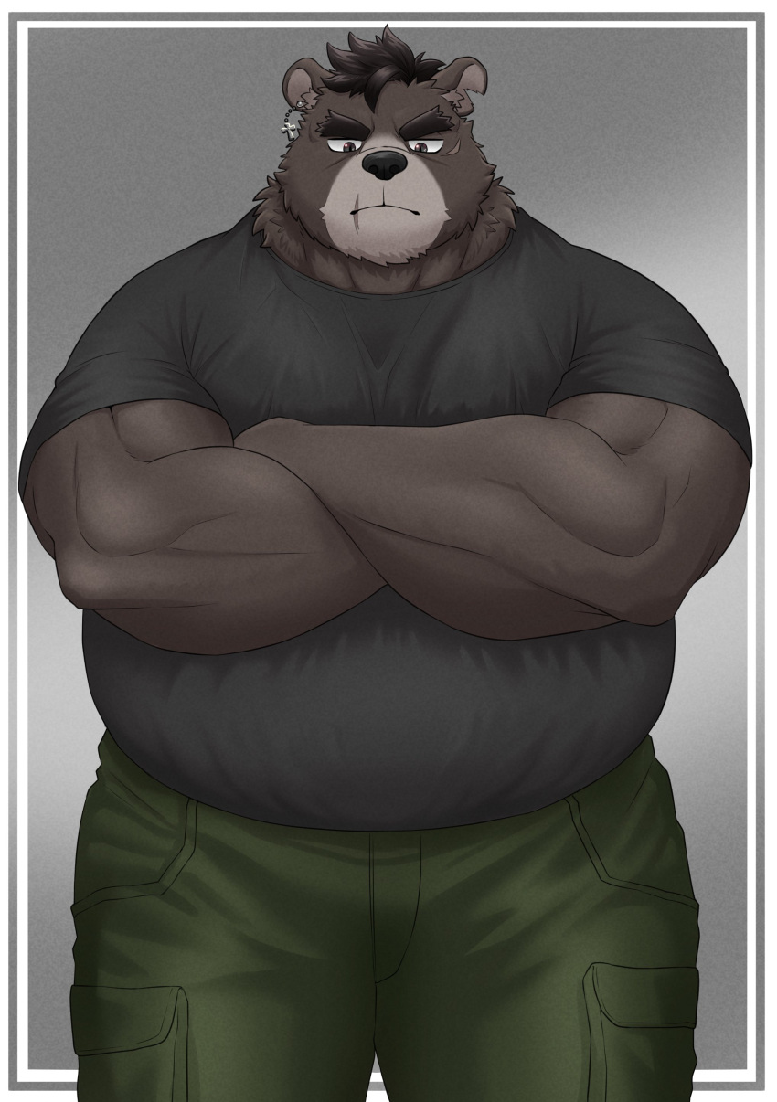 2023 absurd_res anthro bear belly big_belly black_nose brown_body hi_res kemono male mammal musclegut overweight overweight_male scar shillon0610 solo