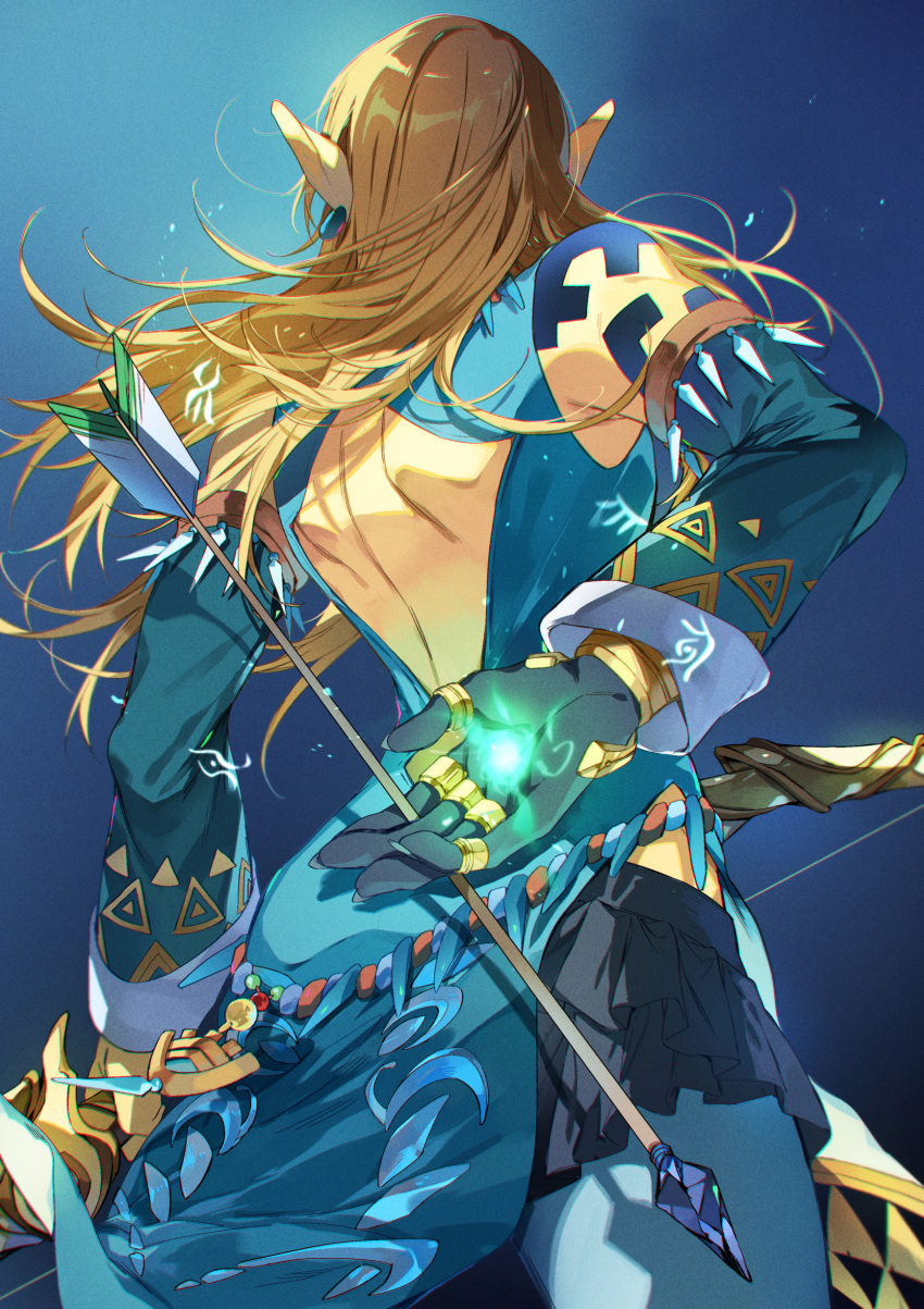 1boy absurdres arrow_(projectile) back_cutout black_gloves blue_background blue_pants blue_shirt blue_sleeves brown_hair clothing_cutout detached_sleeves earrings from_behind gloves glowing highres holding holding_arrow jewelry link long_hair looking_ahead male_focus median_furrow multiple_rings oboro_keisuke pants pointy_ears ring shirt simple_background sleeveless sleeveless_shirt solo the_legend_of_zelda the_legend_of_zelda:_tears_of_the_kingdom