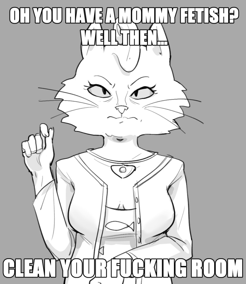 2023 5_fingers anthro arms_bent asking_viewer bojack_horseman breasts cardigan cheek_tuft cleavage closed_frown clothed clothed_anthro clothed_female clothing command command_to_clean commanding_viewer dbaru dialogue digital_drawing_(artwork) digital_media_(artwork) domestic_cat dress ellipsis english_text eyebrows eyelashes facial_tuft felid feline felis female fingers front_view frown fur fur_tuft gem greyscale grumpy half-length_portrait hi_res humanoid_hands jewelry long_whiskers looking_at_viewer mammal mature_anthro mature_female medium_breasts meme mommy_kink monochrome mouth_closed necklace netflix no_irises pendant portrait prick_ears princess_carolyn print_clothing print_dress profanity pseudo_hair pupils question reaction_image sketch solo talking_to_viewer text thin_eyebrows tuft whiskers white_text