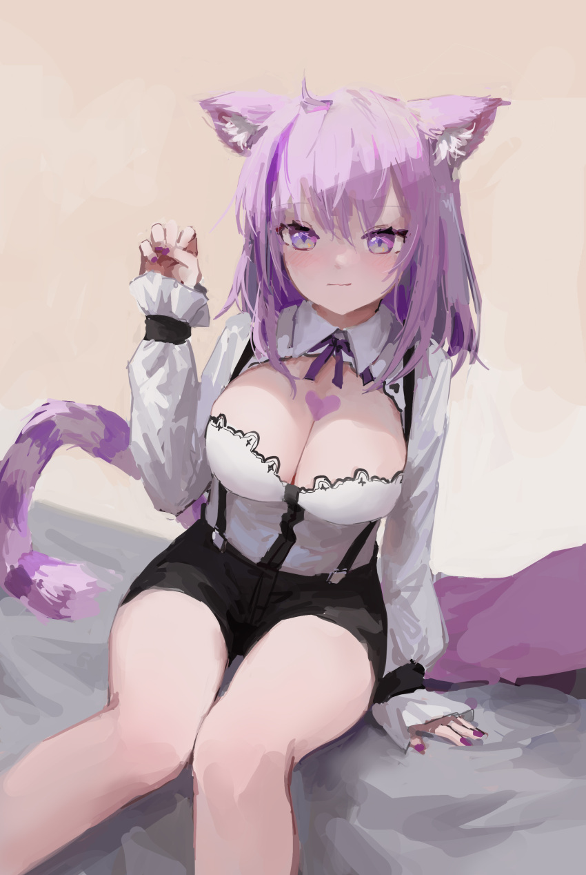 1girl absurdres animal_ear_fluff animal_ears black_shorts breasts cat_ears cat_girl claw_pose cleavage closed_mouth collared_shirt hand_up heart heart_on_chest highres hololive large_breasts light_blush long_sleeves looking_at_viewer medium_hair multicolored_hair nail_polish necktie nekomata_okayu purple_eyes purple_hair purple_nails purple_necktie purple_tail reddizen shirt shorts sitting sketch solo strap streaked_hair striped_tail tail virtual_youtuber white_shirt wrist_cuffs