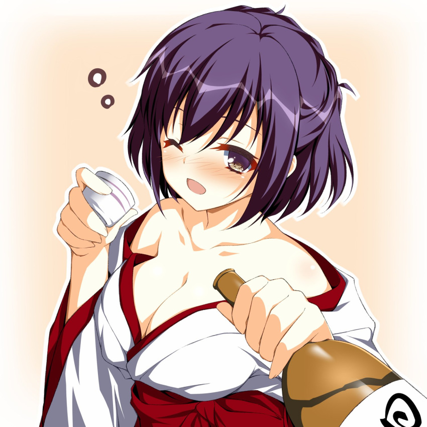 1girl 9-nine- :d asagi_nanami bare_shoulders blush border bottle breasts cleavage collarbone commentary_request cup drunk eyelashes gradient_background hair_between_eyes hakama half_updo happy highres holding holding_bottle holding_cup japanese_clothes kimono large_breasts long_sleeves looking_at_viewer medium_hair miko naruse_satsuki no_bra nose_blush off_shoulder one_eye_closed open_mouth orange_background purple_hair red_hakama sake_bottle simple_background smile solo upper_body white_border white_kimono wide_sleeves yellow_eyes