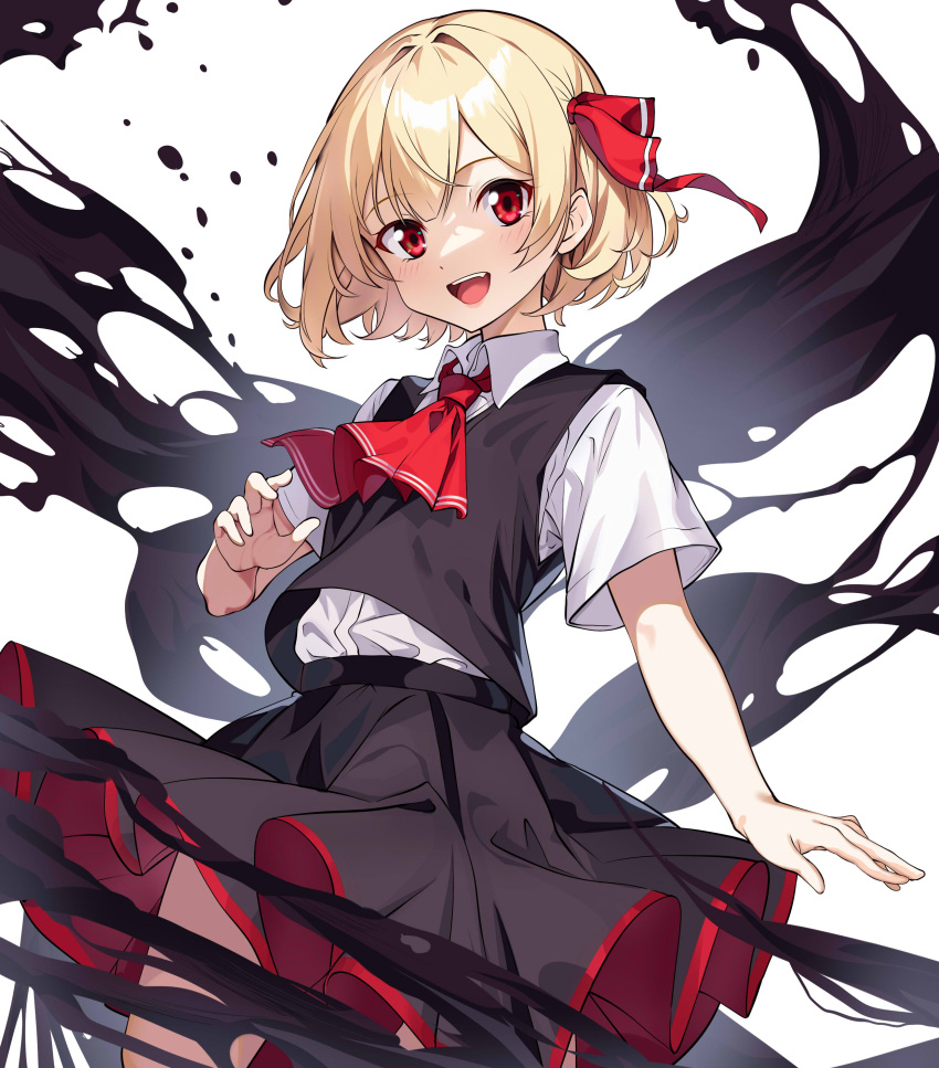 1girl absurdres ascot black_skirt black_vest blonde_hair blush collared_shirt darkness hair_ribbon highres looking_at_viewer open_mouth red_ascot red_eyes red_ribbon ribbon rumia shirt short_hair short_sleeves skirt smile solo touhou vest white_shirt yabu_q