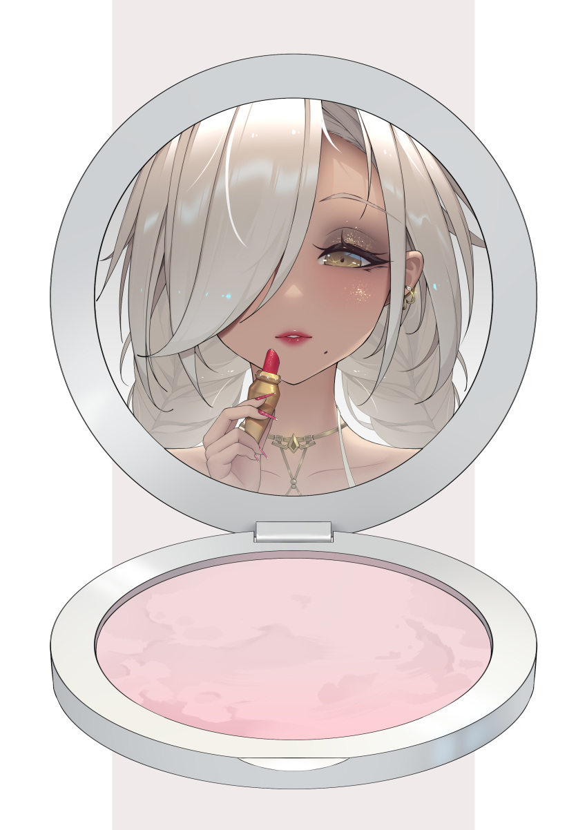 1girl absurdres applying_makeup azur_lane braid chinese_commentary cosmetics earrings english_commentary gold grey_hair hair_over_one_eye highres holding holding_lipstick_tube jewelry lipstick_tube long_hair makeup mixed-language_commentary mole mole_under_mouth owari_(azur_lane) red_lips reflection senyee simple_background solo twin_braids yellow_eyes