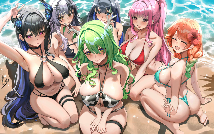 :d animal_print arm_up ass asymmetrical_horns bare_shoulders barefoot beach bikini black_bikini black_hair blue_eyes blue_hair blush breasts ceres_fauna cleavage closed_eyes closed_mouth collarbone colored_inner_hair commentary cow_print demon_horns english_commentary feet from_above green_bikini green_hair grey_hair highres hololive hololive_english horns kneeling large_breasts long_hair looking_at_viewer looking_up mole mole_under_eye mori_calliope multicolored_hair nerissa_ravencroft o-ring o-ring_bikini open_mouth orange_hair ouro_kronii outdoors pink_hair piukute062 ponytail purple_eyes red_bikini shiori_novella signature skindentation smile soles split-color_hair swimsuit takanashi_kiara thigh_strap thighs toes two-tone_hair virtual_youtuber water yellow_eyes