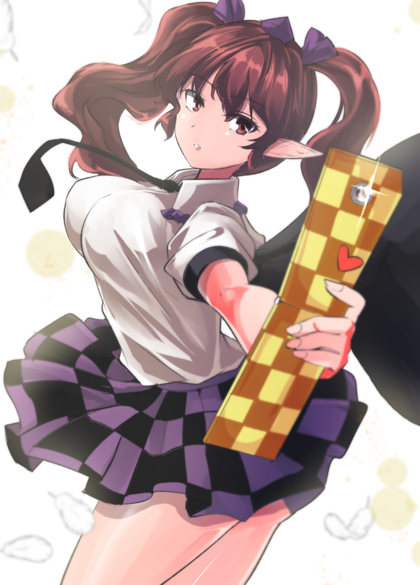 1girl black_necktie breasts brown_eyes brown_hair camera_phone cellphone checkered_clothes checkered_skirt cowboy_shot flip_phone hat highres himekaidou_hatate holding holding_phone looking_at_viewer miniskirt necktie phone pointy_ears shirt short_sleeves skirt solo tokin_hat touhou twintails white_shirt wings y2