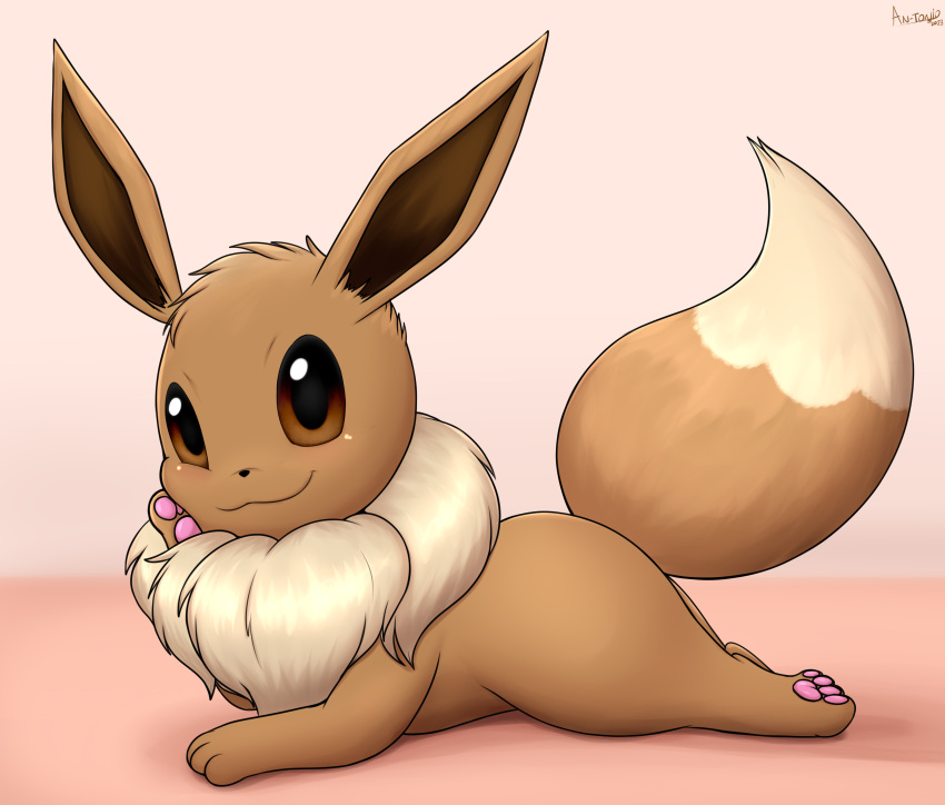 absurd_res an-tonio brown_body brown_fur eevee female feral fur generation_1_pokemon hi_res looking_at_viewer mammal nintendo pokemon pokemon_(species) simple_background solo tail