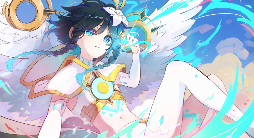 1boy black_hair blue_eyes blue_hair braid capelet chest_tattoo crop_top elbow_gloves feathered_wings flower genshin_impact gloves gnosis_(genshin_impact) gold_trim gradient_hair hair_flower hair_ornament highres hood hooded_capelet leg_tattoo male_focus multicolored_hair official_alternate_costume short_hair_with_long_locks shorts single_thighhigh solo tattoo thighhighs twin_braids venti_(archon)_(genshin_impact) venti_(genshin_impact) white_flower white_gloves white_shorts white_wings wings yu_no6767