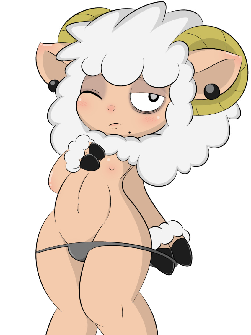 anthro beauty_mark bighorn_sheep blush blush_lines bovid bulge caprine clothing dreameclipsewolf ear_piercing ear_ring ewegene fingers fur hair hi_res hooved_fingers hooves horn male mammal one_eye_closed peeking_nipple piercing ring_piercing sheep solo tan_body tan_skin underwear white_hair wool_(fur)