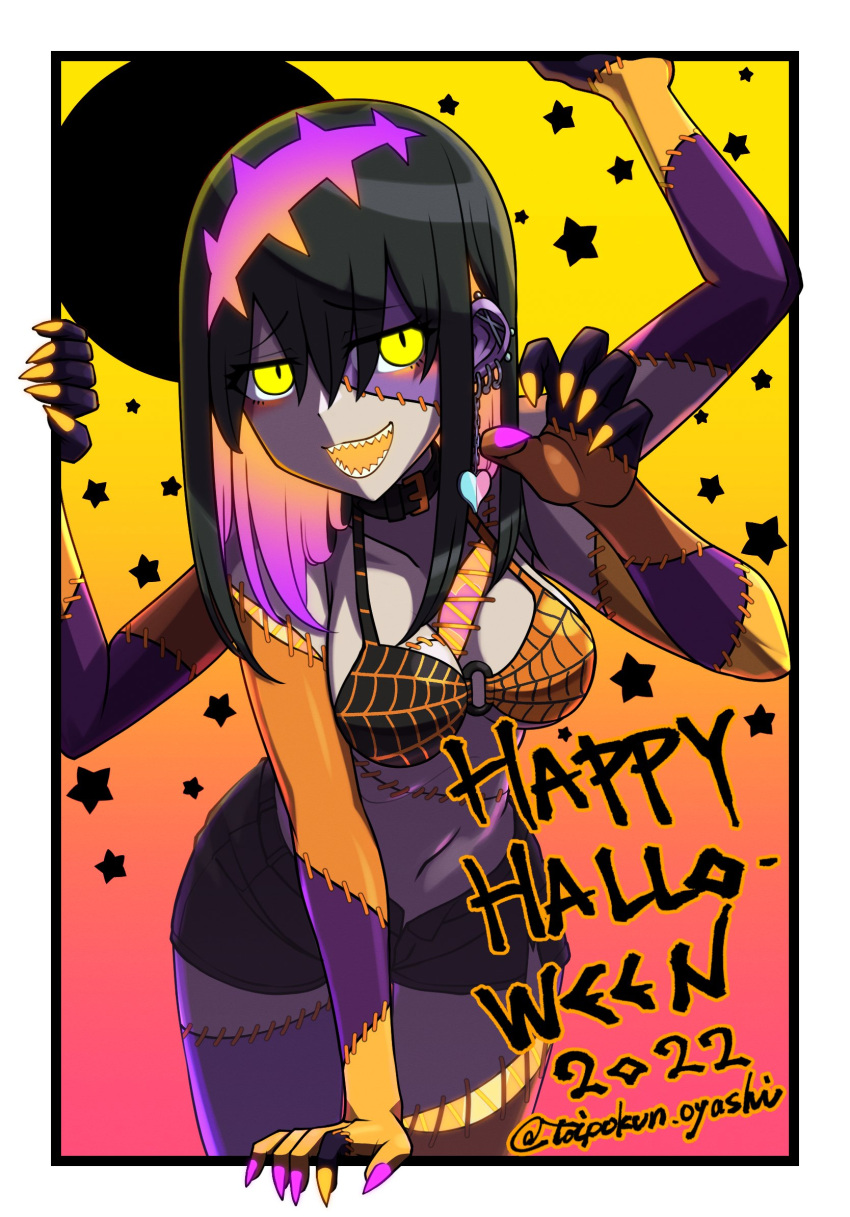 1girl artist_name bikini bikini_top_only black_hair breasts colored_inner_hair colored_tongue cosplay cowboy_shot dated ear_piercing earrings fingernails frankenstein's_monster frankenstein's_monster_(cosplay) full_moon glowing_mouth gradient_background gradient_hair hair_between_eyes halloween halterneck hands_up happy_halloween heart heart_earrings highres jewelry long_hair looking_at_viewer medium_breasts moon multicolored_hair open_mouth orange_background orange_hair orange_nails orange_tongue original outside_border piercing pink_hair pink_nails sharp_fingernails sharp_teeth short_shorts shorts slit_pupils solo standing star_(symbol) stitches swimsuit teeth toipokun_oyashi twitter_username yellow_background yellow_eyes