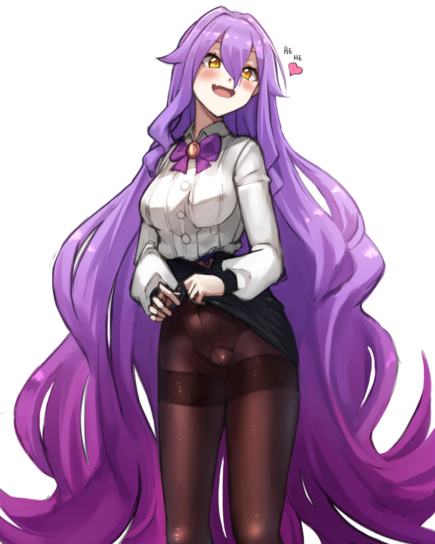 1girl absurdres black_skirt blush bow bowtie breasts brown_pantyhose clothes_lift collared_shirt cream_bread fang hair_between_eyes heart highres honkai_(series) honkai_impact_3rd lifted_by_self long_hair long_sleeves medium_breasts open_mouth pantyhose purple_bow purple_bowtie purple_hair shirt sirin skin_fang skirt skirt_lift smile solo very_long_hair white_background white_shirt yellow_eyes