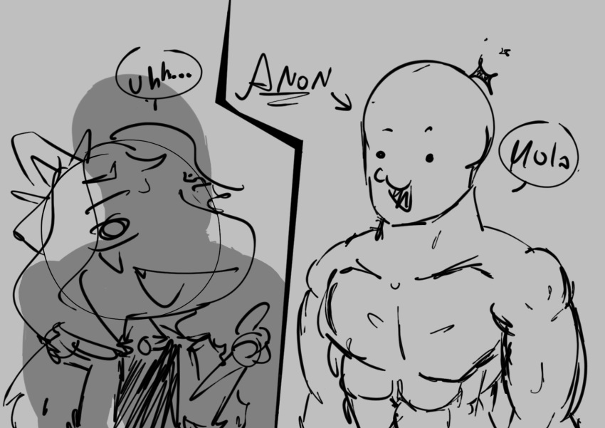 2023 abs anon_(snoot_game) anthro bald black_and_white bodily_fluids dialogue dinosaur duo fang_(gvh) feathered_wings feathers female fingers goodbye_volcano_high halter_top hi_res human male mammal monochrome muscular muscular_human muscular_male pecs pterodactylus pterosaur reptile scalie smile snoot_game snout spanish_text sweat text translation_check translation_request tupana_master wings