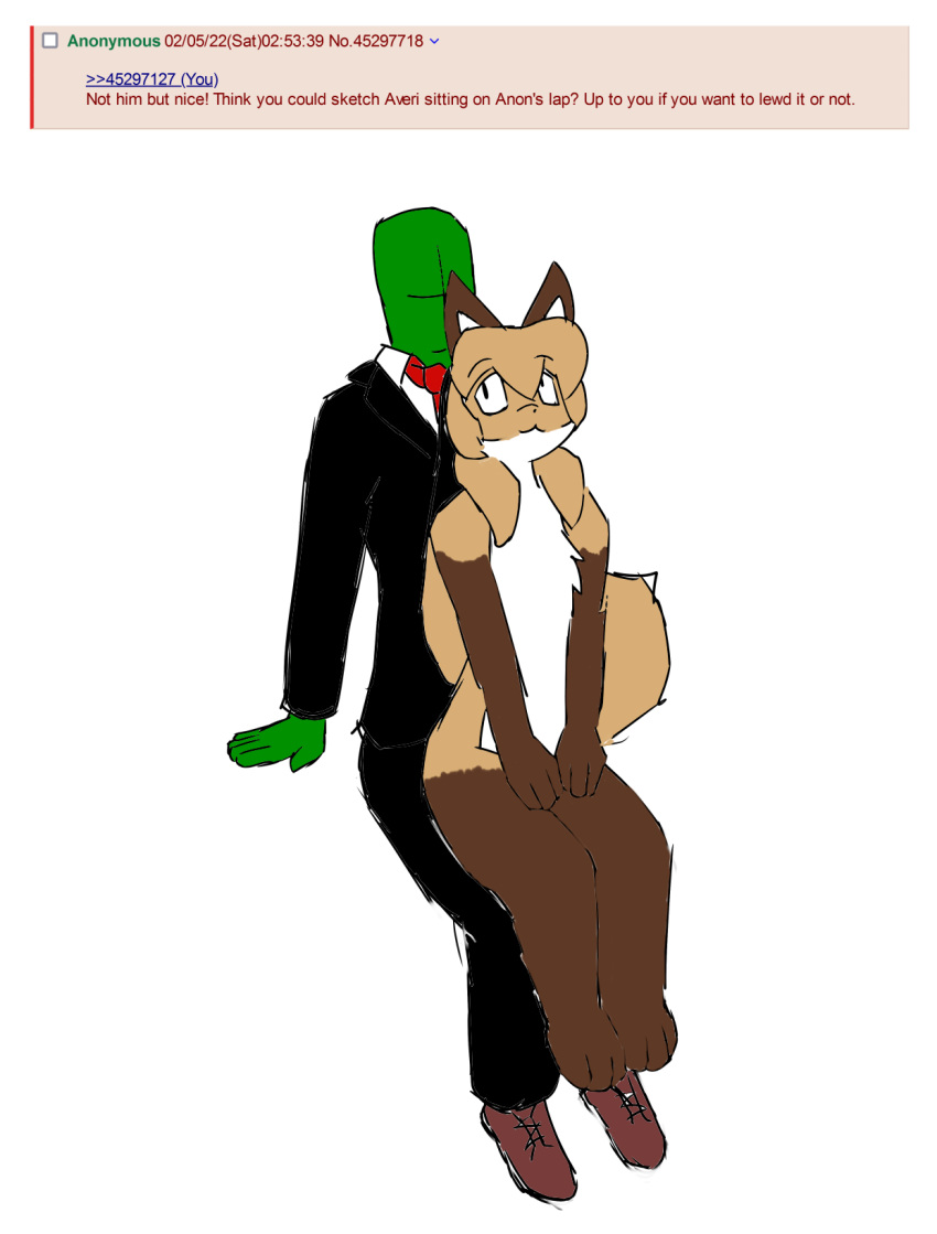 4chan anon anonymous_artist anthro averi_(fiddleafox) black_tie_(suit) brown_body brown_fur canid canine clothing colored dipstick_tail duo english_text female female_anthro fox fur gloves_(marking) hair hi_res human leg_markings looking_back male male/female mammal markings on_lap sitting_on_lap socks_(marking) suit tail tail_markings text white_body white_fur