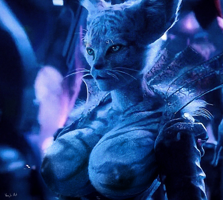 anthro areola big_areola big_breasts breasts domestic_cat felid feline felis female fur hi_res huge_breasts mammal nipples queen_of_cats ready_player_one solo striped_body striped_fur stripes third-party_edit venjiiart white_body white_fur