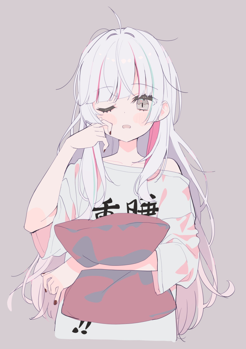 1girl blush_stickers clothes_writing copyright_request cropped_torso green_hair grey_background grey_eyes grey_hair highres hugging_object long_hair looking_at_viewer meito_(maze) multicolored_hair navel off_shoulder one_eye_closed open_mouth pillow pillow_hug pink_hair red_nails shirt short_sleeves simple_background solo streaked_hair upper_body very_long_hair white_shirt