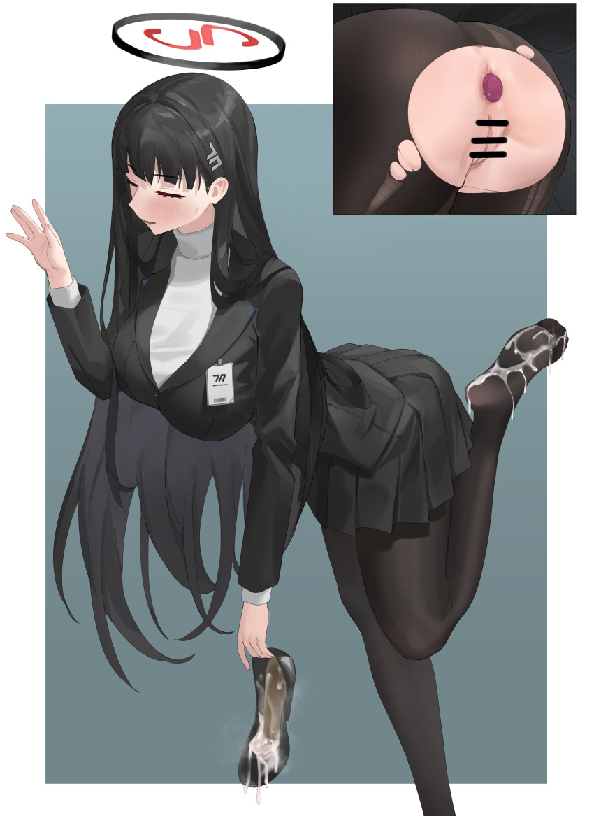 1girl absurdres anal anal_object_insertion anus ass black_footwear black_hair black_pantyhose blazer blue_archive blush breasts censored chuck_(harfmoondark) cum cum_in_footwear cum_on_body cum_on_feet dorsiflexion feet foot_out_of_frame halo highres jacket large_breasts leg_up legs long_hair multiple_views no_shoes object_insertion paid_reward_available pantyhose pleated_skirt pussy rio_(blue_archive) shoes shoes_removed skirt solo sweatdrop sweater toes torn_clothes torn_pantyhose turtleneck turtleneck_sweater