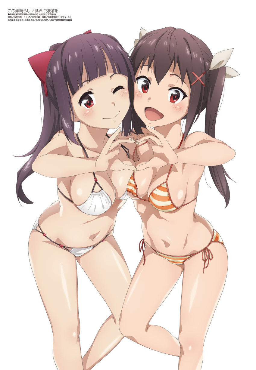 2girls :d ;d absurdres arm_behind_back ass bare_shoulders bent_over bikini black_hair blunt_bangs blush bow breast_press breasts brown_hair cleavage closed_mouth collarbone dodonko_(konosuba) eyelashes feet_out_of_frame foot_up funifura hair_between_eyes hair_bow hair_ornament hair_ribbon hand_on_another's_hand heart heart_hands highres kimura_yukitaka kono_subarashii_sekai_ni_bakuen_wo! kono_subarashii_sekai_ni_shukufuku_wo! leaning_forward long_hair looking_at_viewer magazine_scan medium_breasts megami_magazine multiple_girls navel non-web_source official_art one_eye_closed open_mouth orange_bikini ponytail promotional_art red_bow red_eyes red_pupils red_ribbon ribbon scan side-by-side side-tie_bikini_bottom simple_background skindentation smile standing string_bikini striped striped_bikini swimsuit translated twintails underboob white_background white_bikini white_ribbon x_hair_ornament yellow_bikini