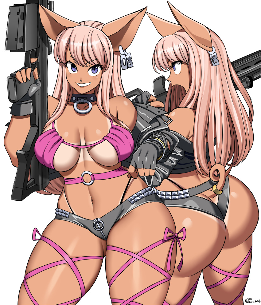 1girl 2023 absurdres adjusting_clothes adjusting_panties animal_ears armpits ass assault_rifle bikini_tan black_choker black_jacket blue_eyes bracelet breasts choker closed_mouth cropped_jacket earrings fingerless_gloves genderswap genderswap_(mtf) gloves gun hand_on_hip highres holding holding_gun holding_weapon jacket jewelry journey_to_the_west kansuzoi long_hair looking_at_viewer medium_breasts multiple_views navel off-shoulder_jacket off_shoulder panties parted_lips pig_ears pig_girl pig_nose pig_tail pink_hair pink_ribbon ribbon rifle signature simple_background single_earring smile solo tail tan tanlines underboob underwear weapon white_background zaiyuki zhu_bajie