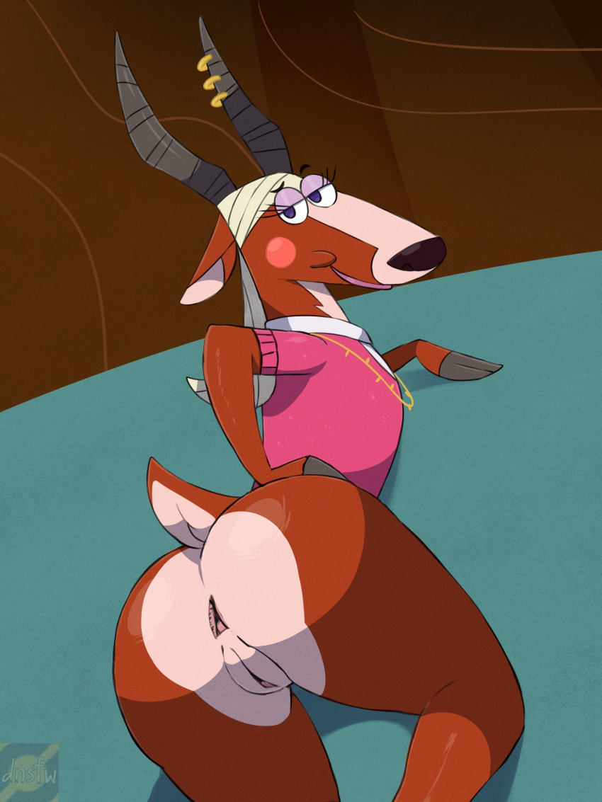 antelope anthro anus big_butt bottomless bovid brown_body brown_fur butt cartoon_network clothed clothing darknsfwindie eyelashes eyeshadow female fur gazelle genitals hair half-closed_eyes hi_res hoof_hands hooved_hands horn looking_at_viewer looking_back looking_back_at_viewer makeup mammal my_gym_partner's_a_monkey narrowed_eyes nurse_gazelle partially_clothed presenting presenting_hindquarters pussy short_tail solo tail toony topwear