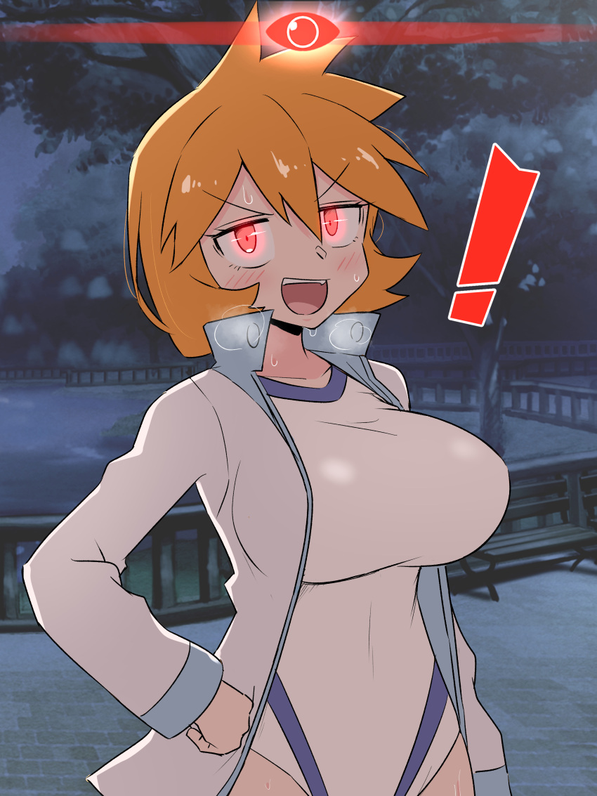 ! 1girl absurdres alpha_pokemon bench breasts glowing glowing_eyes hand_on_own_hip heavy_breathing highres jacket kurachi_mizuki large_breasts misty_(pokemon) one-piece_swimsuit open_clothes open_jacket orange_hair park pokemon pokemon_(game) pokemon_hgss pokemon_legends:_arceus red_eyes swimsuit white_one-piece_swimsuit white_swimsuit