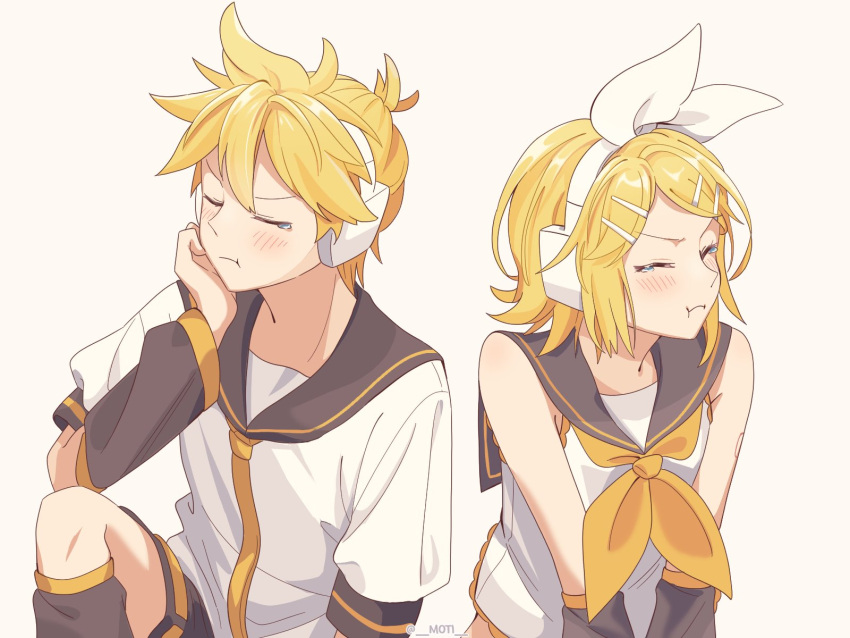 1boy 1girl :t ahoge angry annoyed bare_shoulders black_sailor_collar black_shorts black_sleeves blonde_hair blush bow brother_and_sister cheek_rest detached_sleeves flat_chest hair_bow hair_ornament hairclip headphones headset highres kagamine_len kagamine_rin leg_warmers m0ti neckerchief necktie number_tattoo pout sailor_collar sailor_shirt shirt short_hair short_ponytail shorts shoulder_tattoo siblings sleeveless sleeveless_shirt spiked_hair swept_bangs tattoo tearing_up twins vocaloid white_bow yellow_neckerchief yellow_necktie