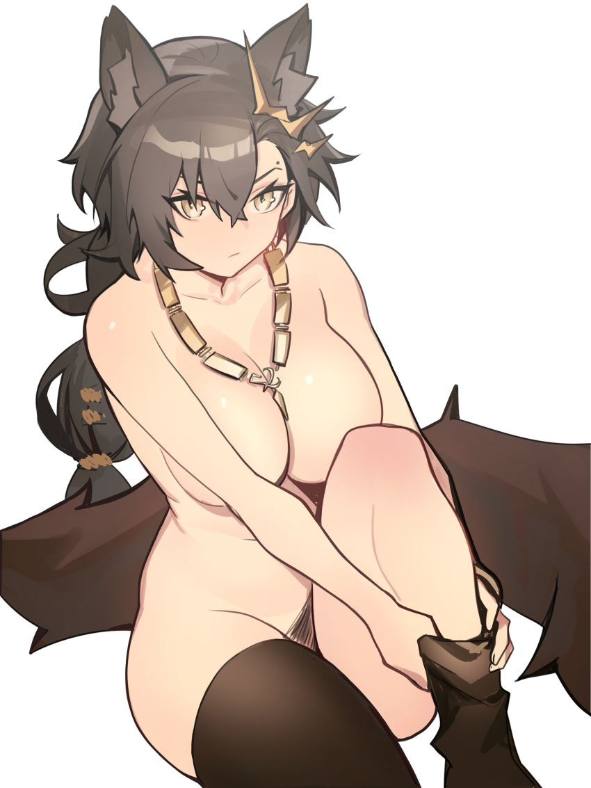 1girl absurdres animal_ear_fluff animal_ears arknights asymmetrical_bangs braid breasts brown_hair brown_thighhighs cleavage closed_mouth collarbone commission convenient_arm distr english_commentary gold_necklace groin hair_ornament hair_over_one_eye highres jewelry knee_up large_breasts long_hair looking_at_viewer mole_above_eye necklace nude penance_(arknights) simple_background sitting solo thighhighs thighhighs_pull undressing white_background wolf_ears wolf_girl yellow_eyes