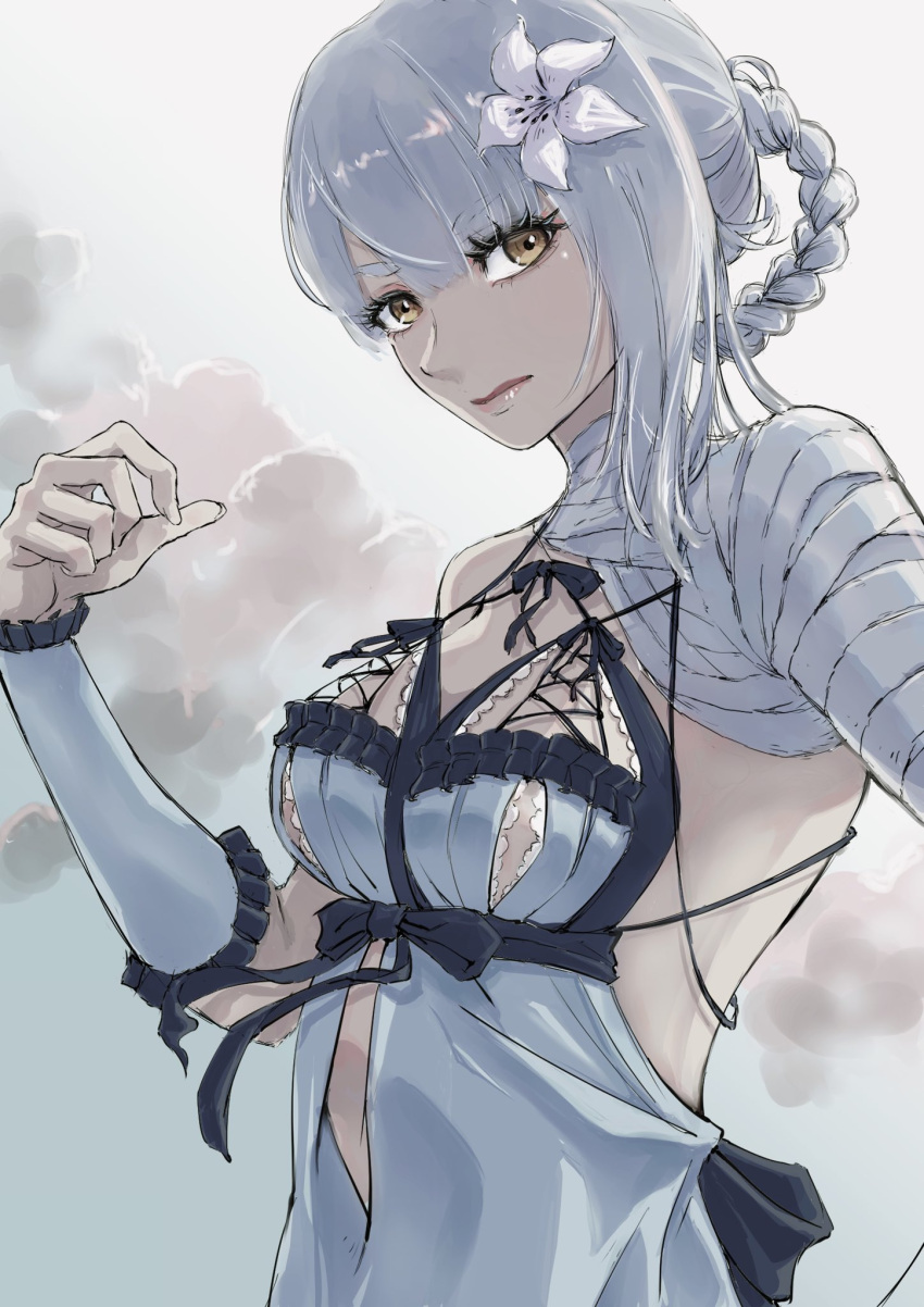 1girl bandages blue_sky blunt_bangs braid braided_ponytail cloud cloudy_sky commentary_request flower grey_hair hair_between_eyes hair_flower hair_ornament highres kaine_(nier) lingerie looking_at_viewer medium_hair nier nier_(series) nutori_manga single_sidelock sky solo underwear