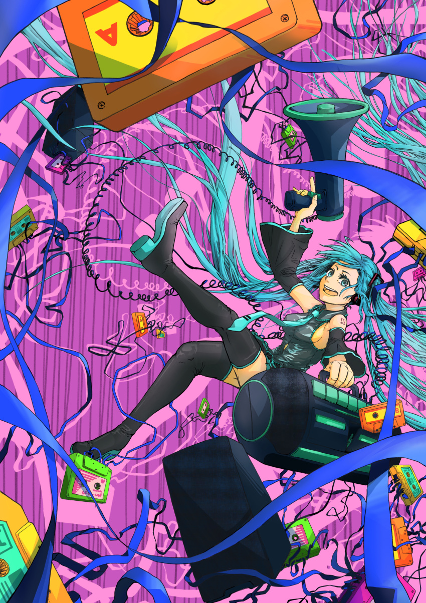 1girl 510f absurdres aqua_necktie black_shirt black_skirt blue_eyes blue_hair boombox boots breasts cassette_tape detached_sleeves drop_shadow falling hatsune_miku highres holding holding_boombox holding_megaphone megaphone necktie open_mouth shirt sideboob skirt solo speaker teeth thigh_boots tie_clip upper_teeth_only vocaloid