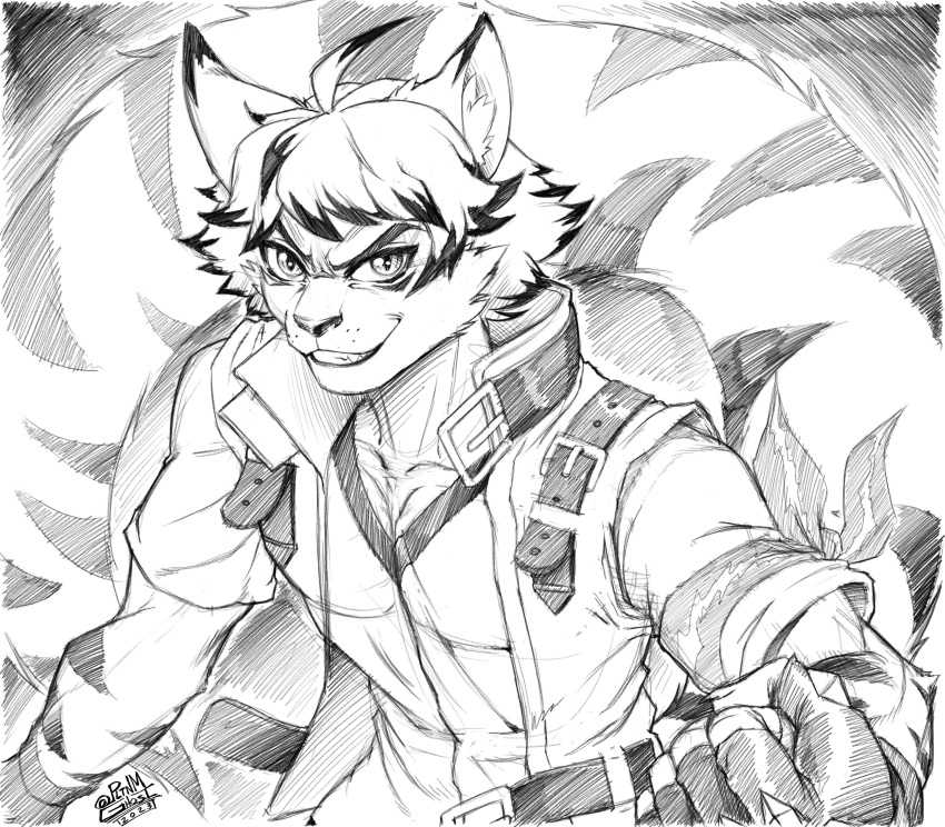 2023 absurd_res ahoge anthro armband athletic athletic_male belt big_tail clothed clothing dipstick_ears felid fingerless_gloves fist fur gloves greyscale grin hair handwear hi_res highlights_(coloring) inner_ear_fluff kay_(maxl8) looking_at_viewer male mammal markings monochrome multicolored_ears open_clothing open_topwear open_vest pantherine pltnm06ghost shirt short_hair smile solo striped_body striped_fur striped_markings striped_tail stripes tail tail_markings tiger topwear tuft vest